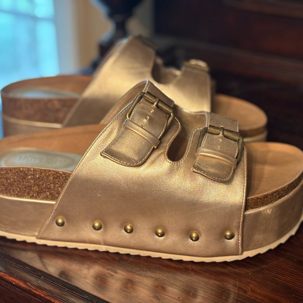 Metallic Slide Sandals with Buckles